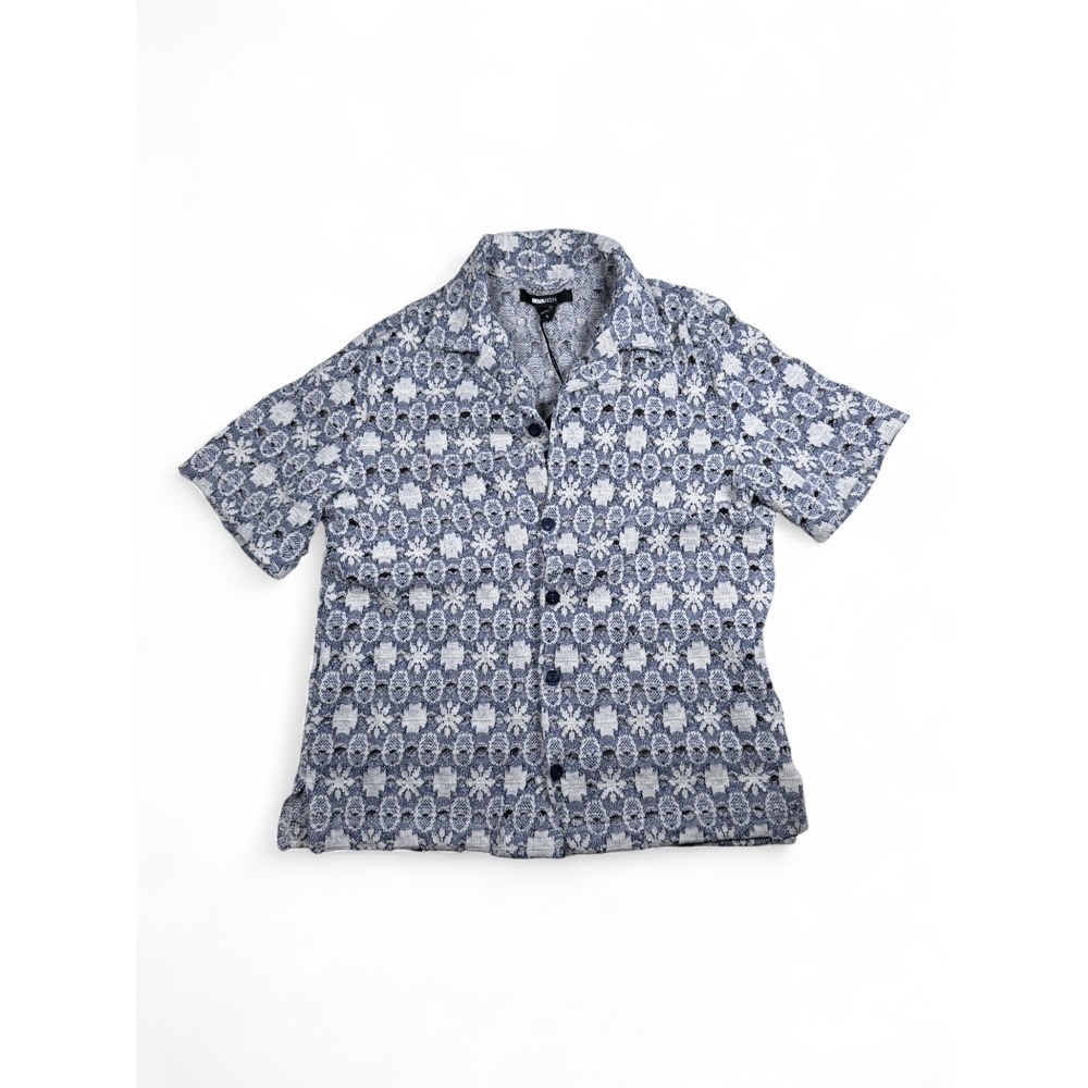 Fashion Nova Men Patterned Open Knit Button Down Shirt Blue White Small‎